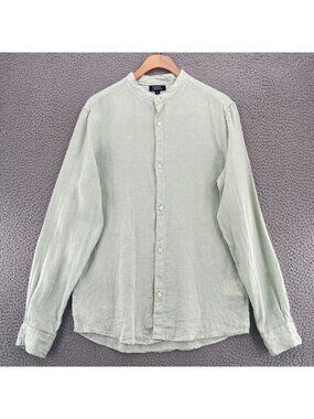 Galeries Lafayette Shirt Mens Medium Green 100% Linen Long Sleeve Button Up Top